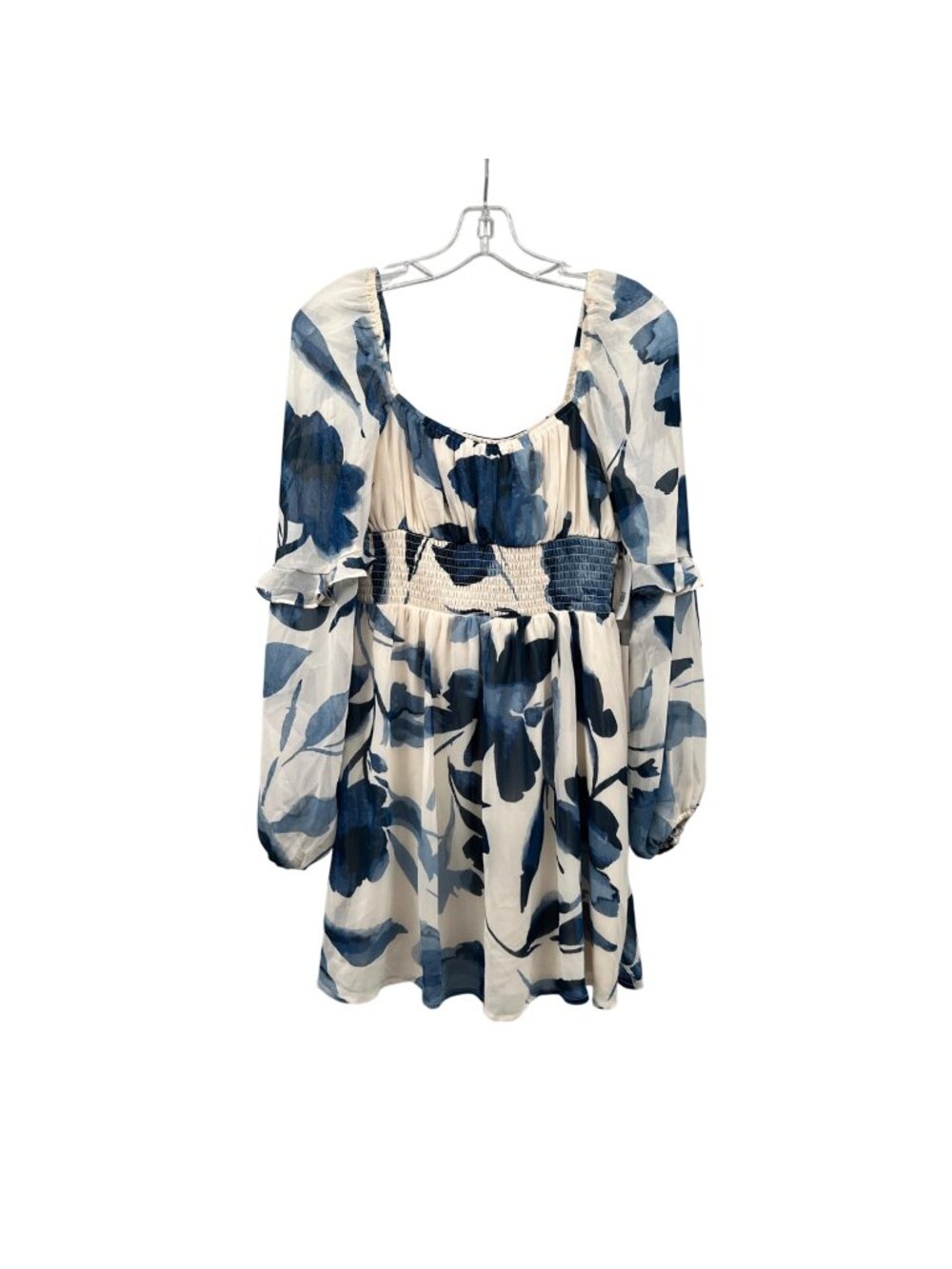 Crystal Doll Mini Print Dress Off Shoulder Long Sleeve White/Blue Medium New